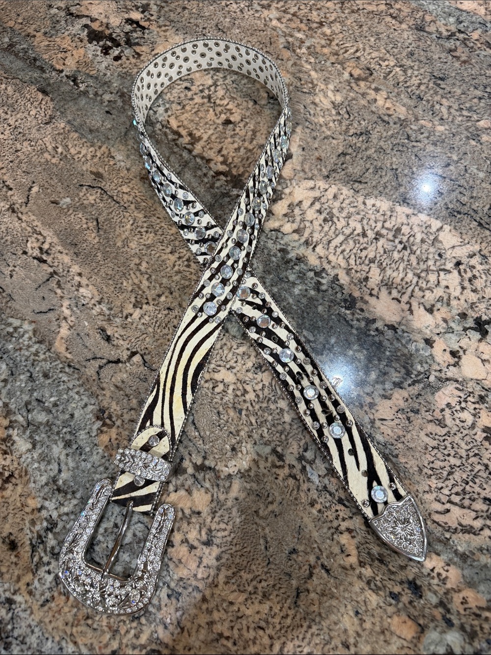 Rhinestone Zebra Print Women's Belt - White/Black